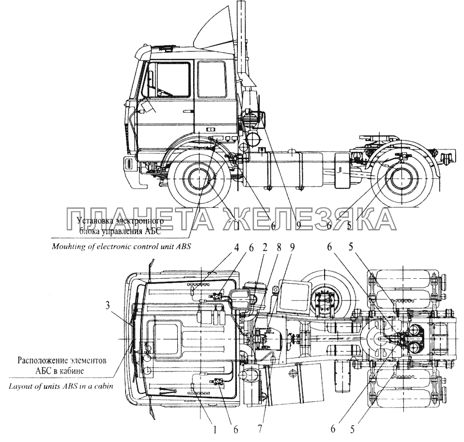 Установка элементов электрооборудования АБС на автомобилях МАЗ-543208, 543205, 543203, 543202 МАЗ-5516 (2003)