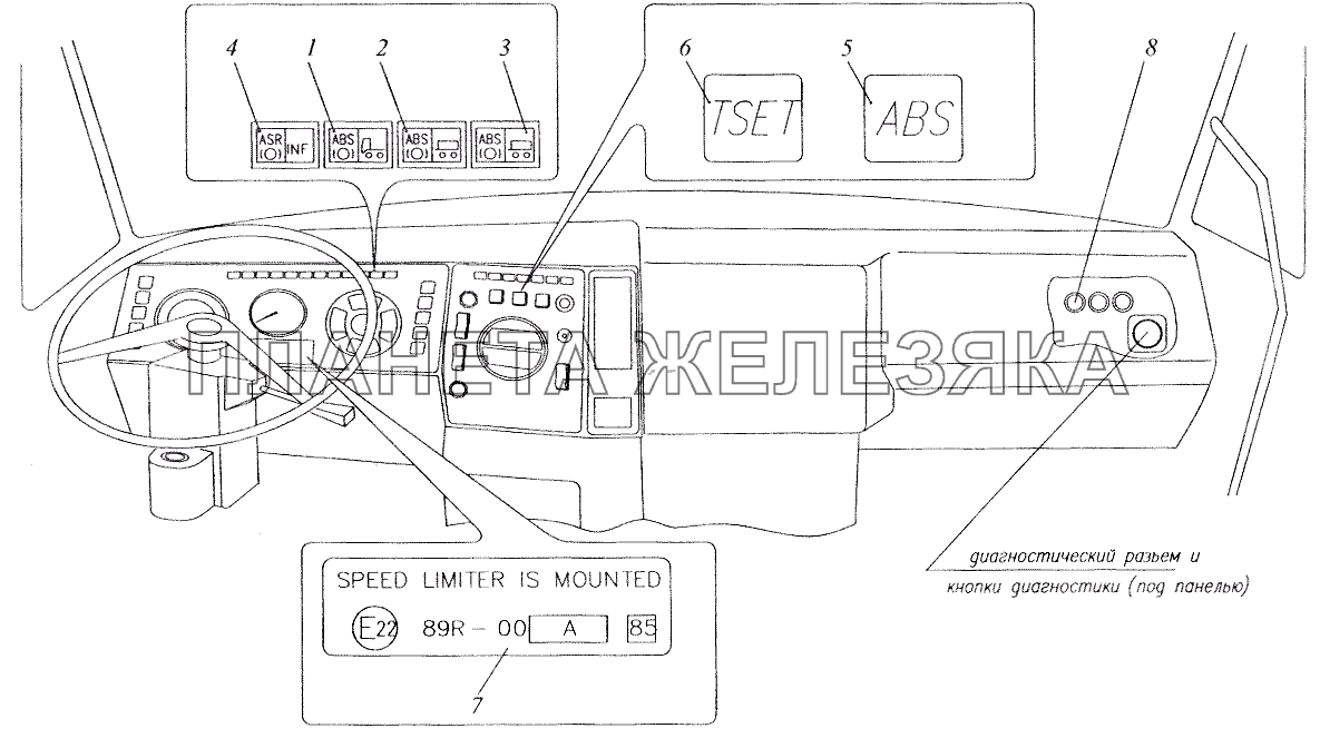 Расположение элементов АБС в кабине автомобилей семейства МАЗ-64221 МАЗ-5516 (2003)