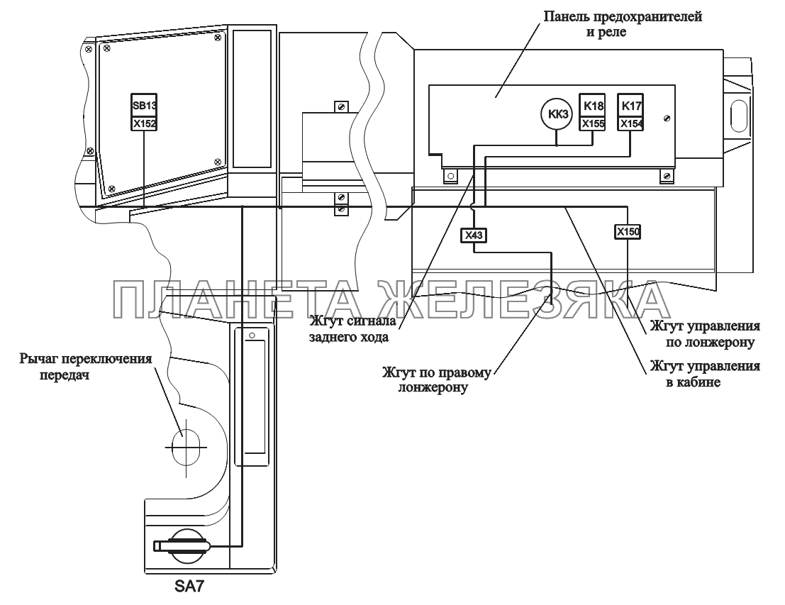 Расположение разъемов и элементов электрооборудования управления подъемом и опусканием платформы, звукового сигнала заднего хода МАЗ-551605