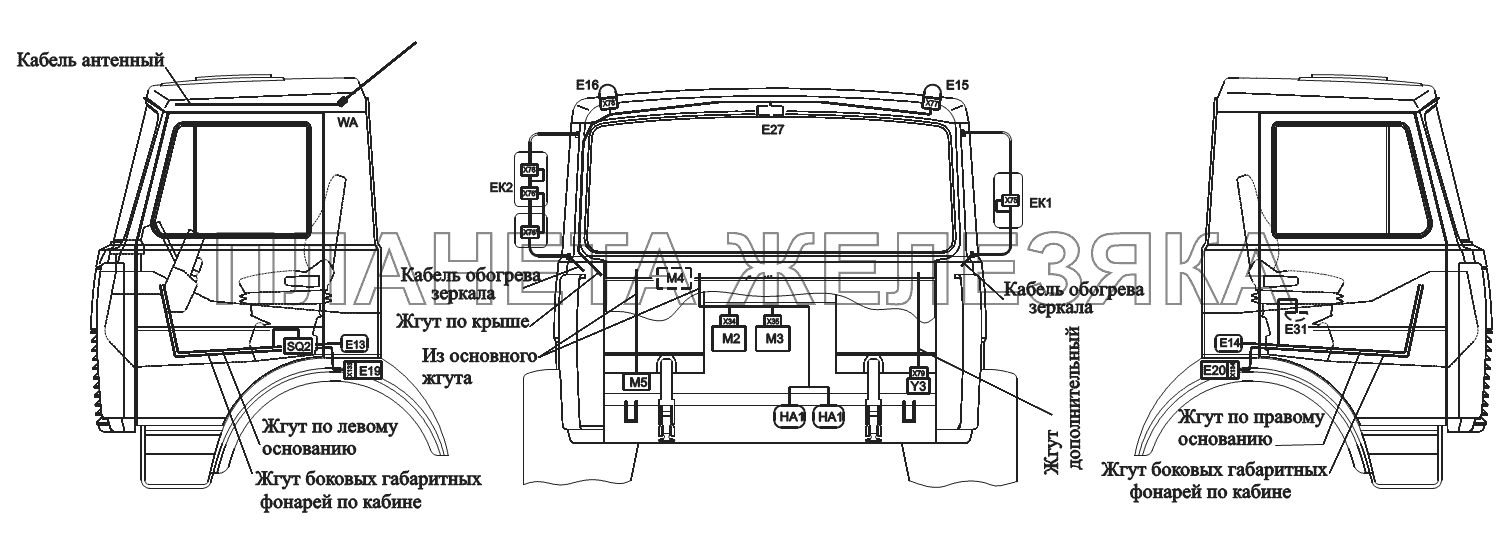 Расположение разъемов и элементов электрооборудования на малой кабине автомобилей-самосвалов с задней разгрузкой МАЗ-551605