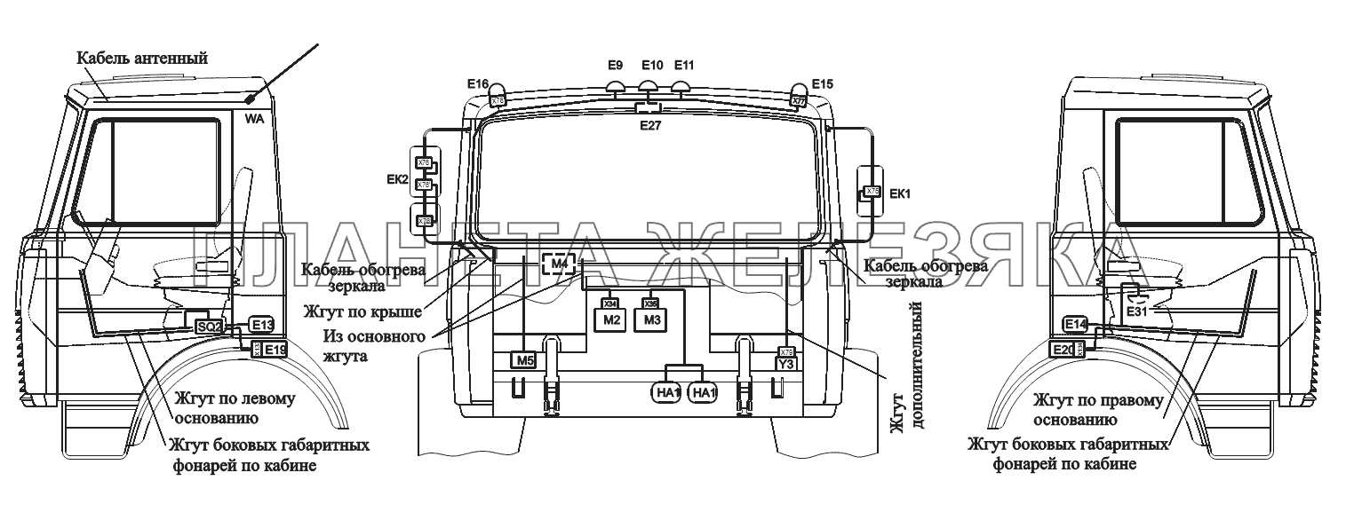 Расположение разъемов и элементов электрооборудования на малой кабине автомобилей-самосвалов с трехсторонней разгрузкой МАЗ-551605