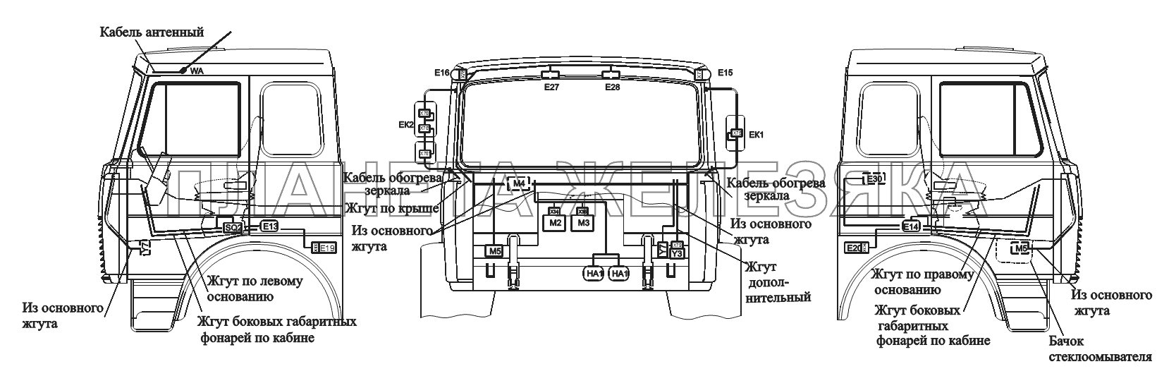 Расположение разъемов и элементов электрооборудования на большой кабине автомобилей-самосвалов с задней разгрузкой и самосвальных шасси МАЗ-551605