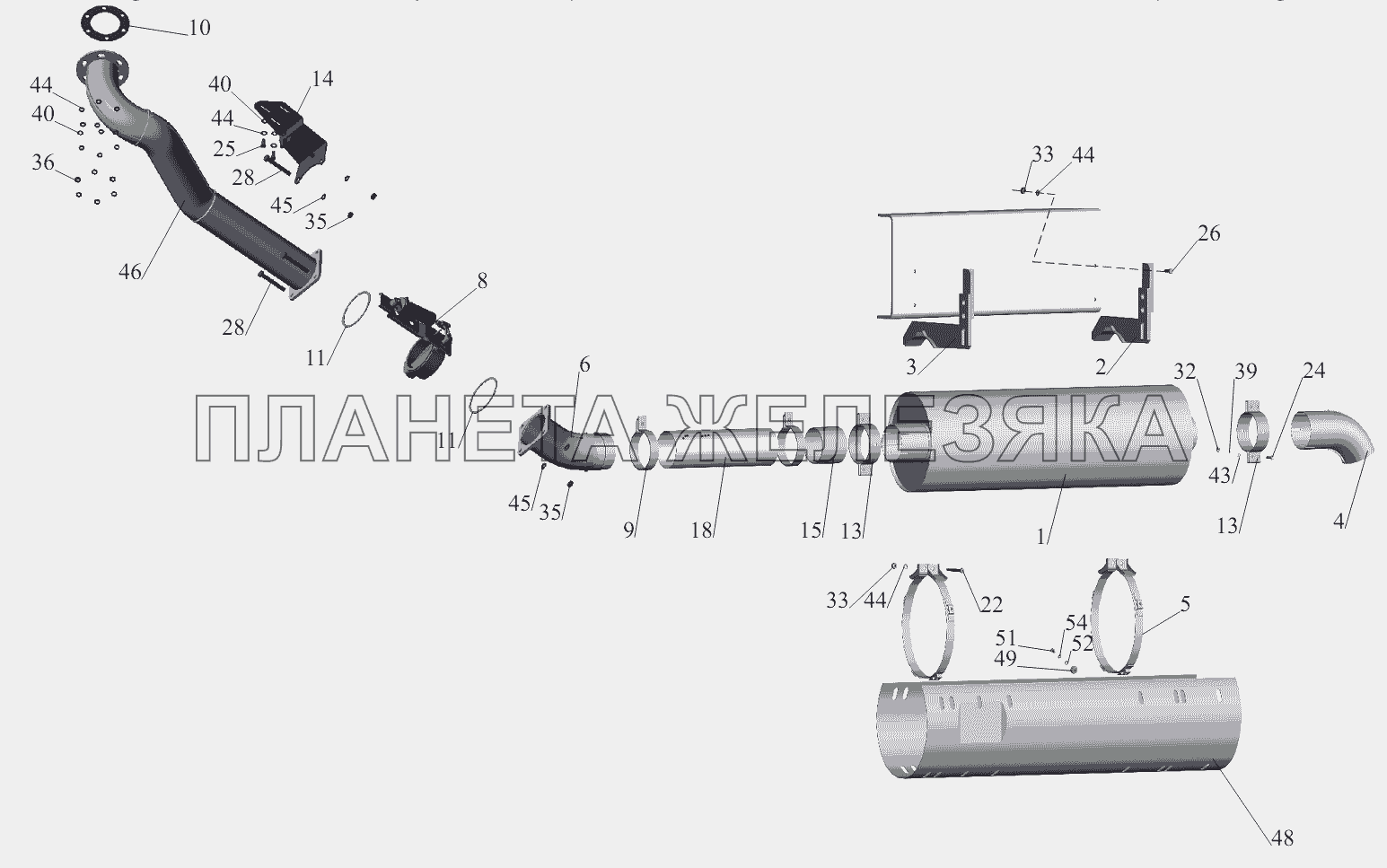 Установка системы выпуска отработавших газов 551605-1200001-054 без обогрева кузова (для КП 238М, 239) МАЗ-551605