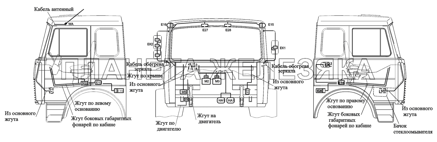Расположение разъемов и элементов электрооборудовния на большой кабине автомобилей-самосвалов с задней разгрузкой и самосвальных шасси МАЗ-551669