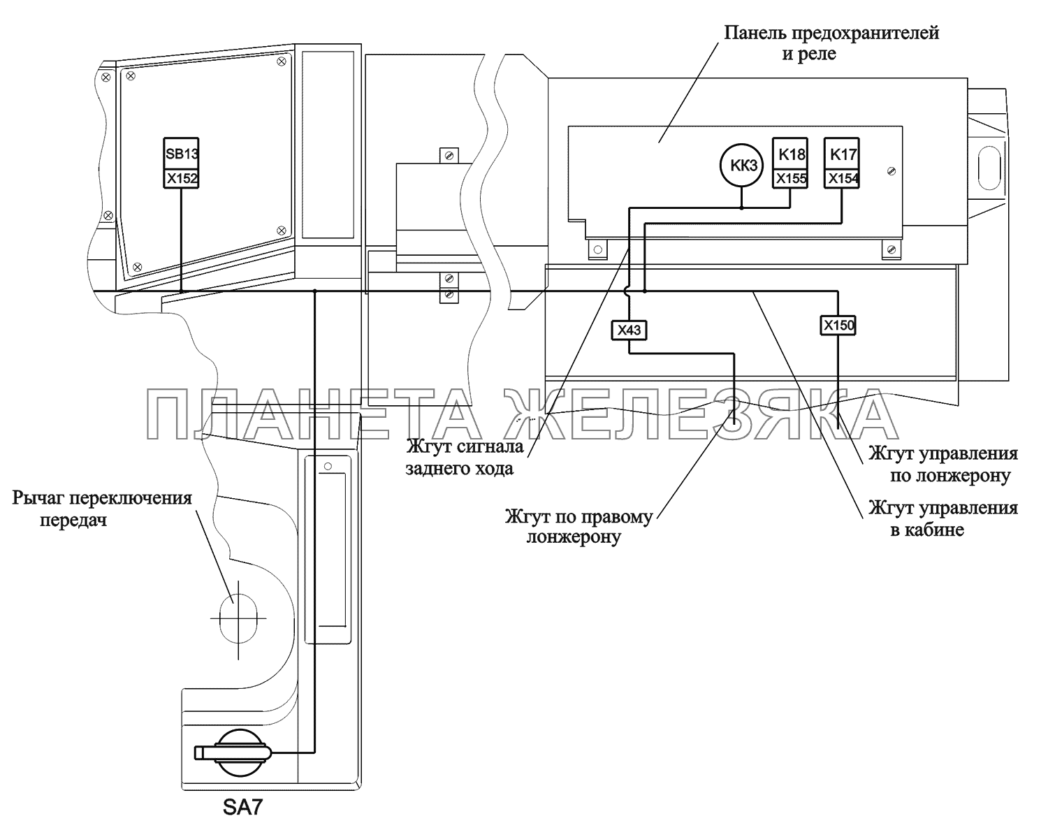 Расположение разъемов и элементов электрооборудовния управления подъемов и опусканием платформы МАЗ-551669