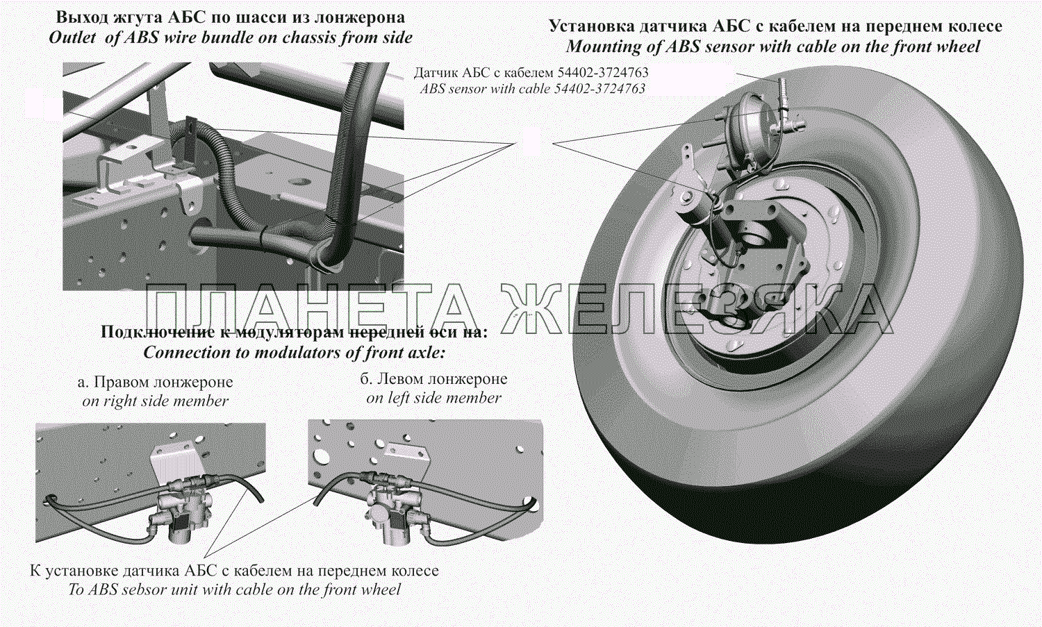 Укладка выводов жгута АБС по шасси и кабелей датчиков частоты вращения в передней части рамы МАЗ-551669