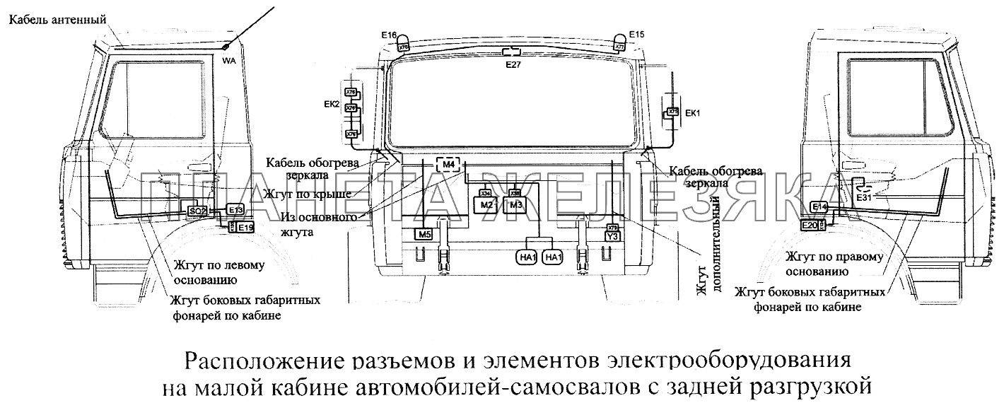 Расположение разъемов и элементов электрооборудования на малой кабине автомобилей-самосвалов с задней разгрузкой МАЗ-5516А5