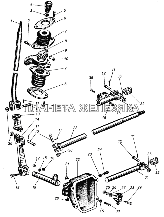 Рычаг переключения передач и промежуточный механизм управления коробкой передач МАЗ-5549