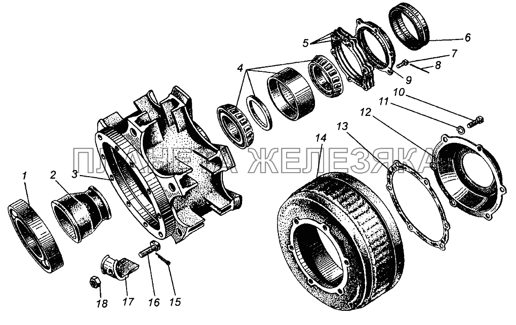 Ступица и тормозной барабан заднего колеса МАЗ-5549