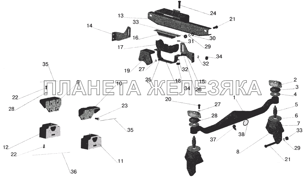 Крепление двигателя на автомобилях: МАЗ-642205, 543205 с КПП МАЗ-238М МАЗ-5551 (2003)