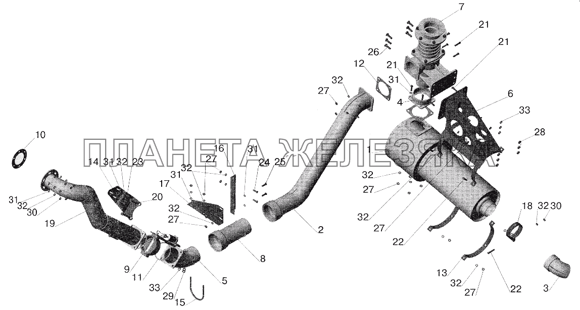 Установка системы выпуска отработавших газов МАЗ-551605 с КПП ЯМЗ-238М и обогревом кузова МАЗ-5551 (2003)