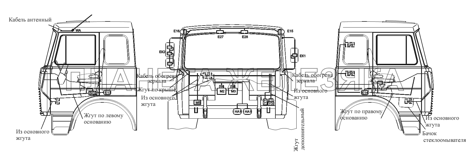 Расположение разъемов и элементов электрооборудования на большой кабине автомобилей-самосвалов с задней разгрузкой и самосвальных шасси МАЗ-555102, 5551А2