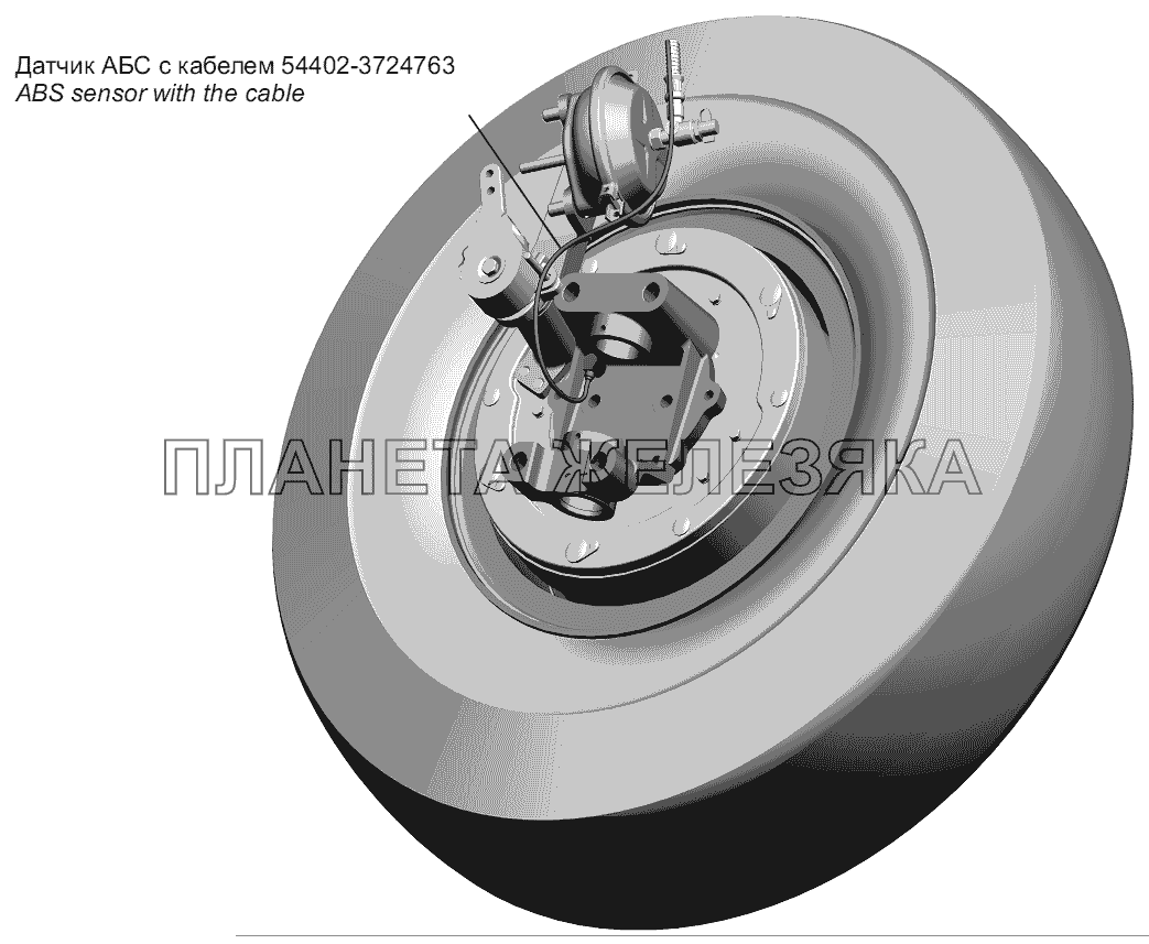 Установка датчика АБС с кабелем на переднем колесе МАЗ-555102, 5551А2
