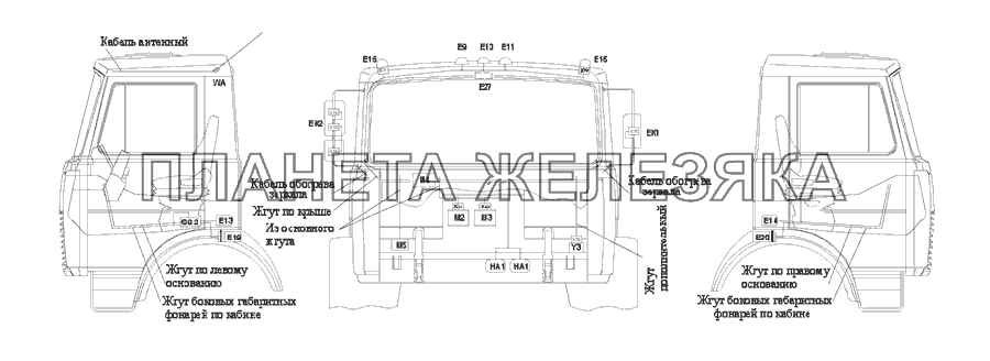 Расположение разъемов и элементов электрооборудования на малой кабине автомобилей-самосвалов с трехсторонней разгрузкой МАЗ-555142