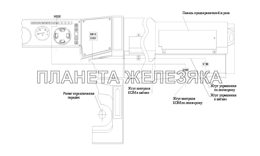 Расположение разъемов и элементов электрооборудования управления самосвальным оборудованием для автомобилей с трехсторонней разгрузкой МАЗ-555142