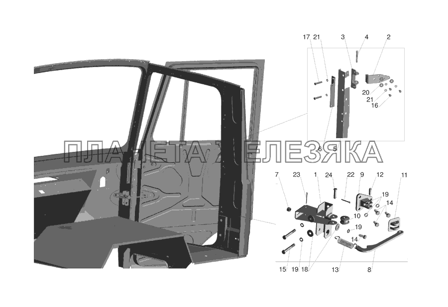 Установка ограничителя и петель двери МАЗ-555142