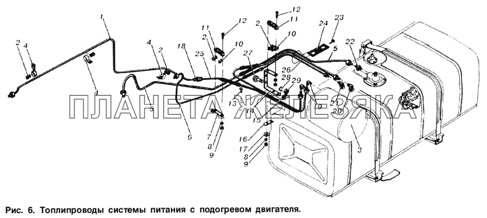 Топливопроводы системы питания с подогревом двигателя МАЗ-53366