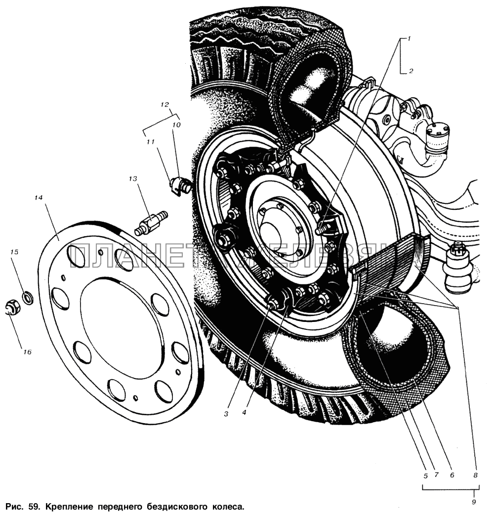 Крепление переднего  бездискового  колеса МАЗ-6303