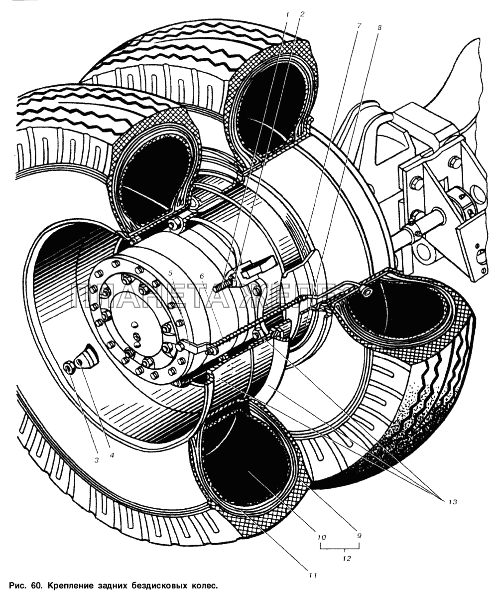 Крепление задних бездисковых колес МАЗ-53363