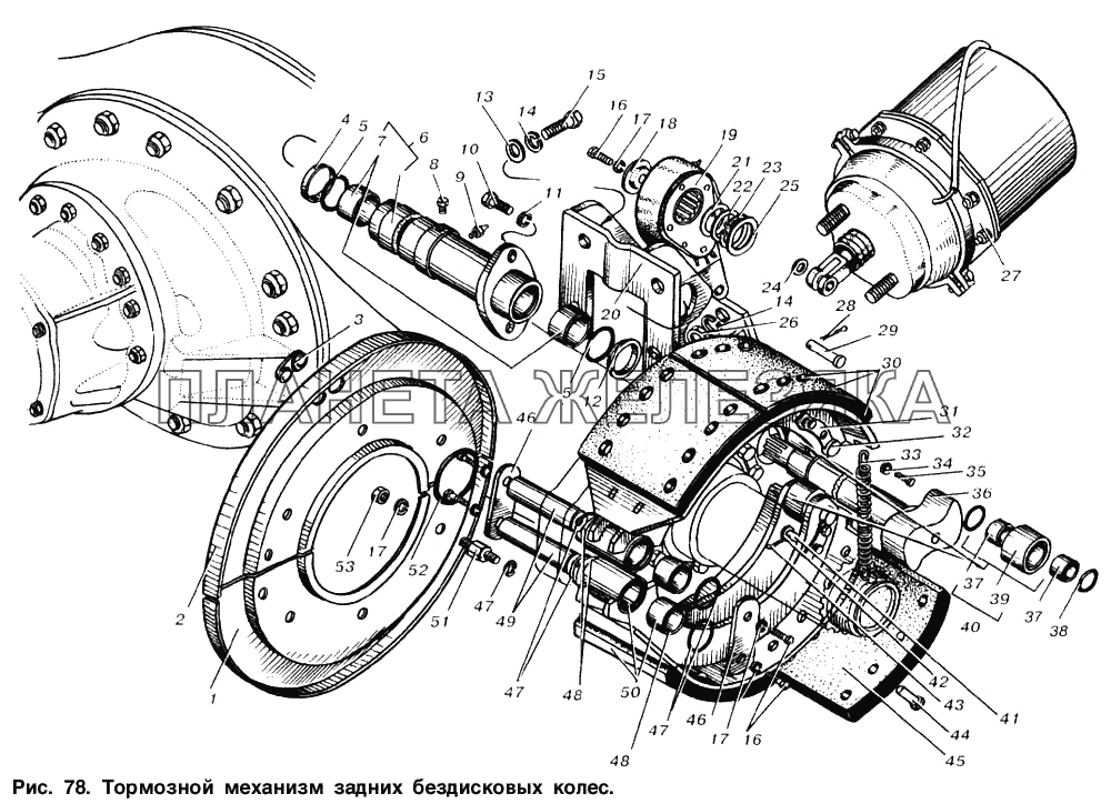 Тормозной механизм задних бездисковых колес МАЗ-6303
