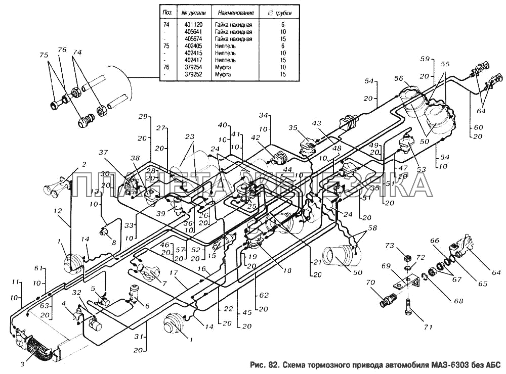 Схема тормозного привода автомобиля МАЗ-6303 без АБС МАЗ-53363