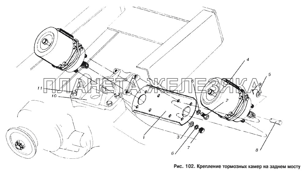 Крепление тормозных камер на заднем мосту МАЗ-6303
