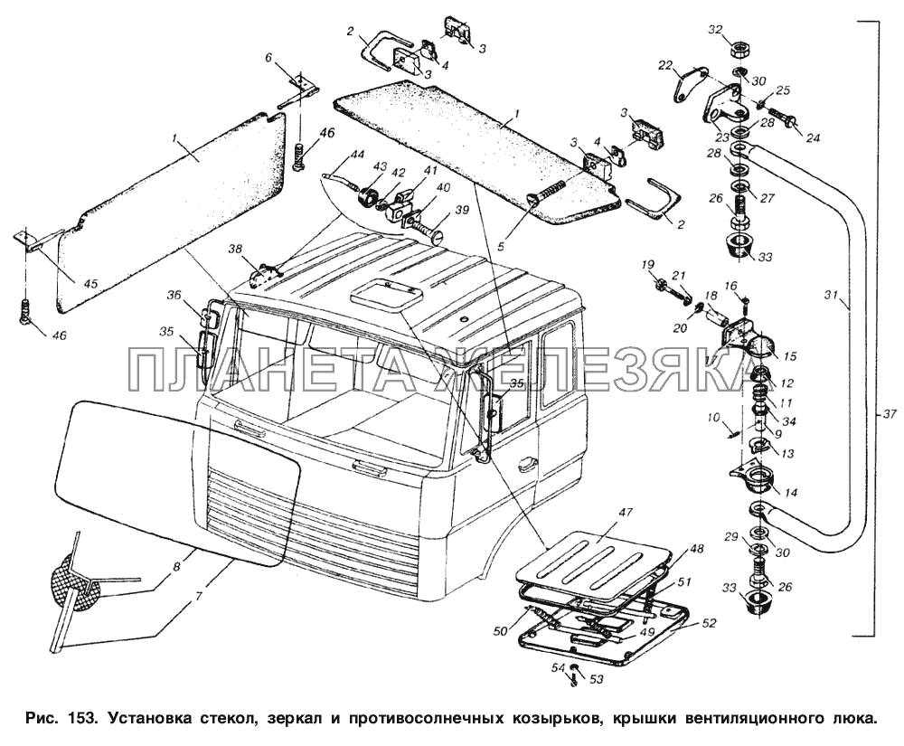 Установка стекол, зеркал и противосолнечных козырьков, крышки вентиляционного люка МАЗ-53366