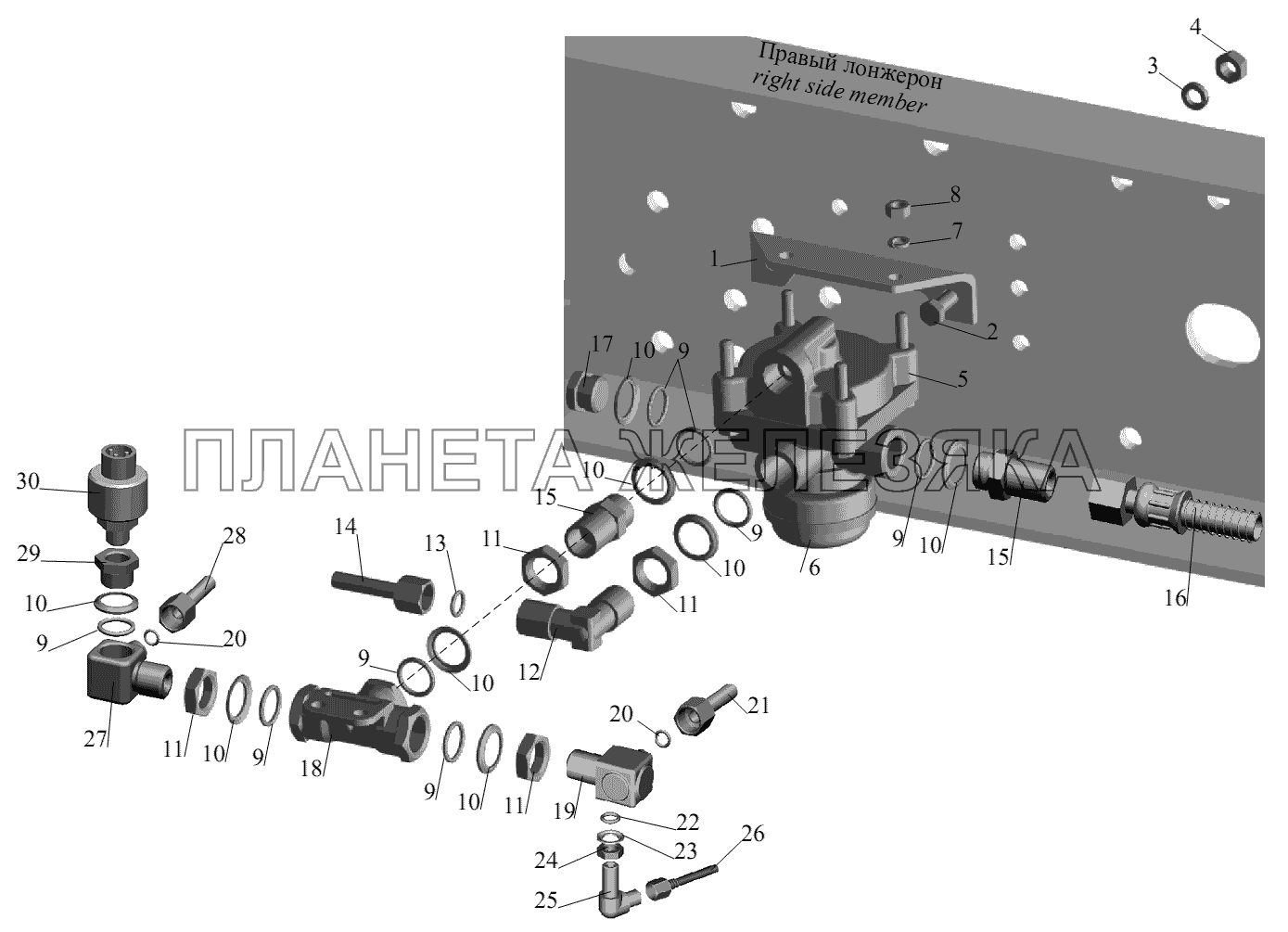 Установка ускорительного клапана и присоединительной арматуры МАЗ-631236