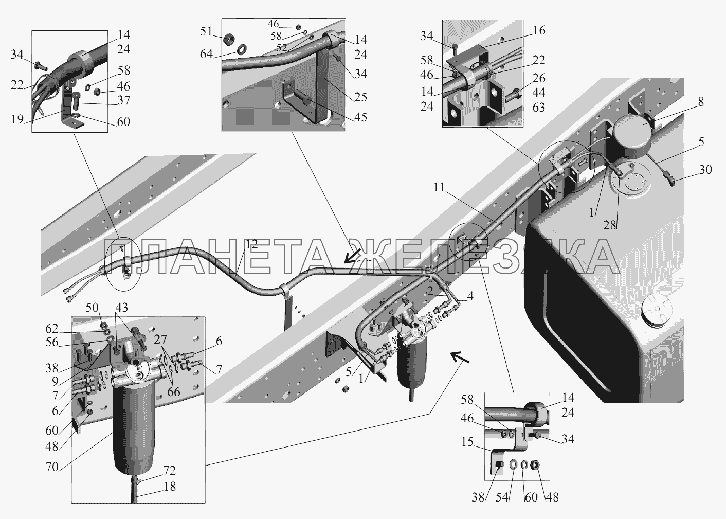 Установка топливопроводов 555035-1104002-010(без подогревателя) МАЗ-631236 Установка топливопроводов 555035-1104002-010(без подогревателя) МАЗ-631236