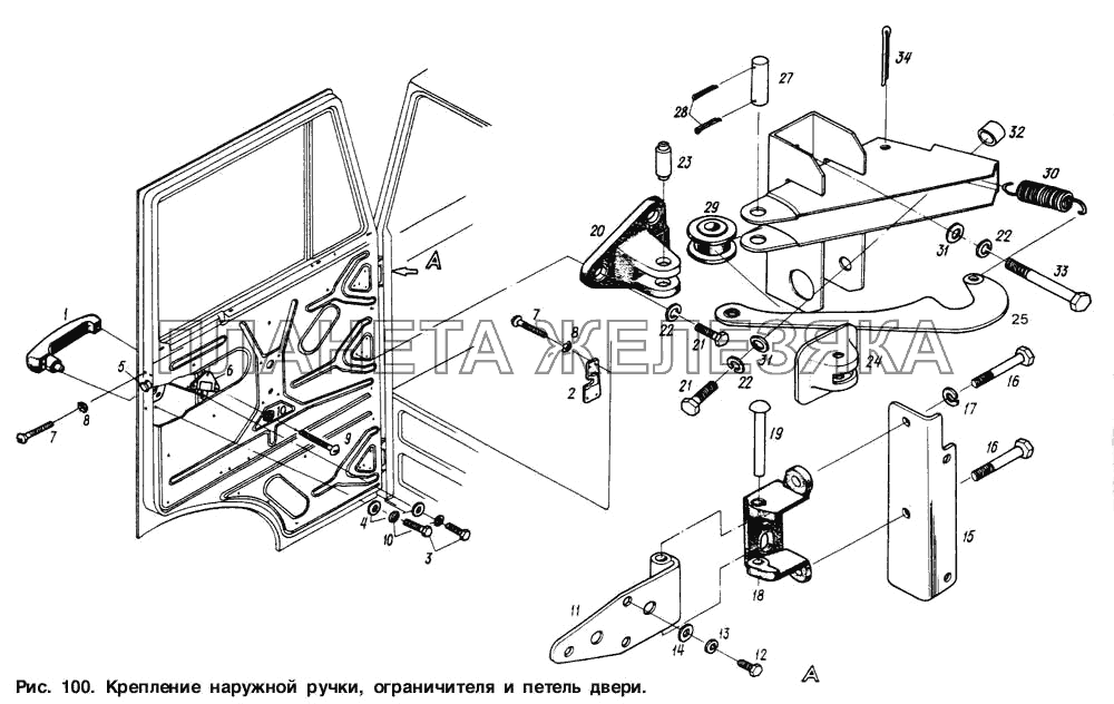 Крепление наружной ручки, ограничителя и петель двери МАЗ-6317