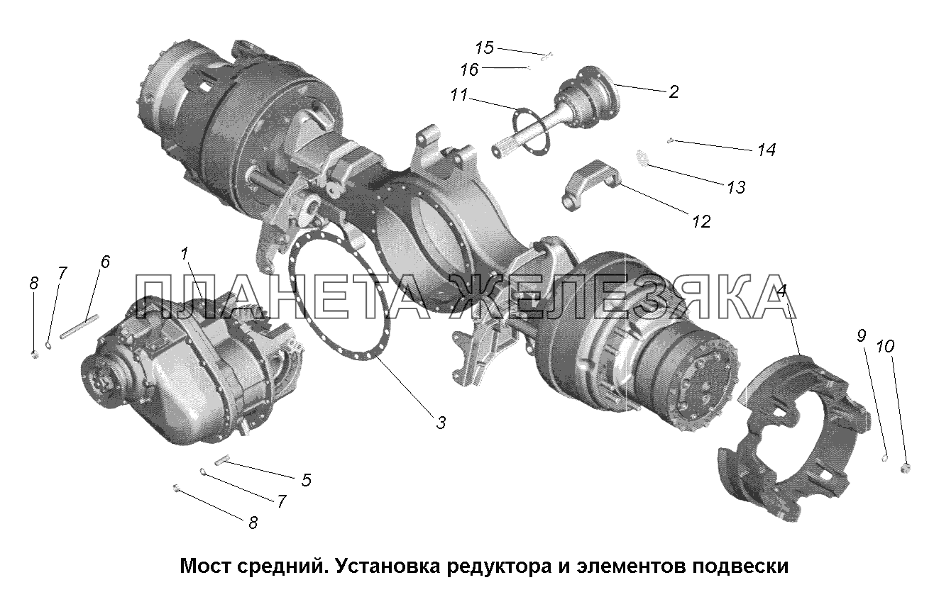 Мост средний\Мост средний. Установка редуктора и элементов подвески МАЗ-631705, 631708