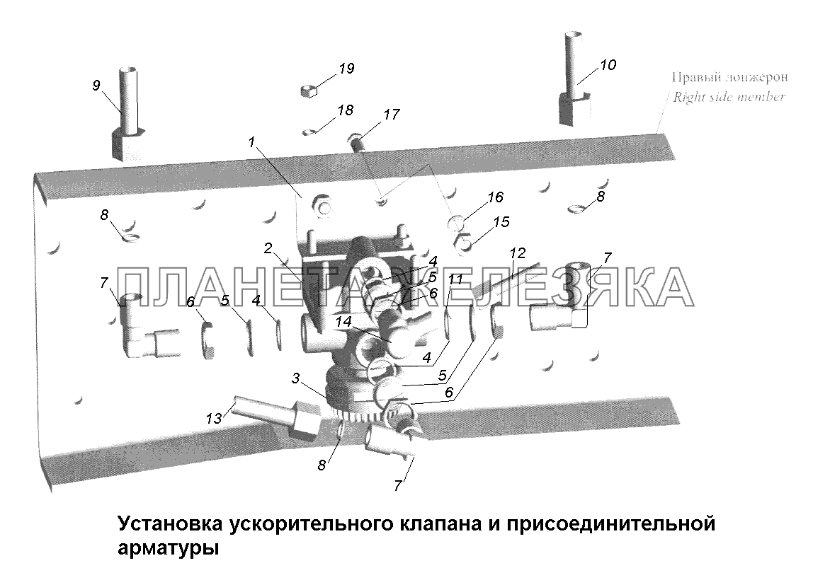 Тормоза\Установка ускорительного клапана и присоединительной арматуры (2) МАЗ-631705, 631708