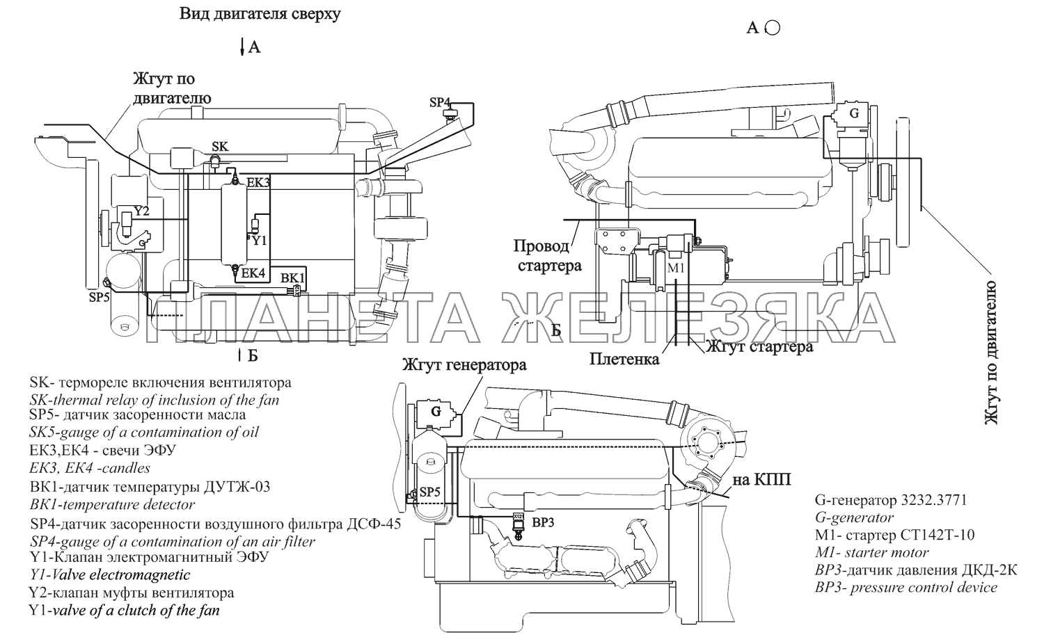 Расположение разъемов и элементов электрооборудования на двигателе ЯМЗ-238ДЕ2 МАЗ-631705