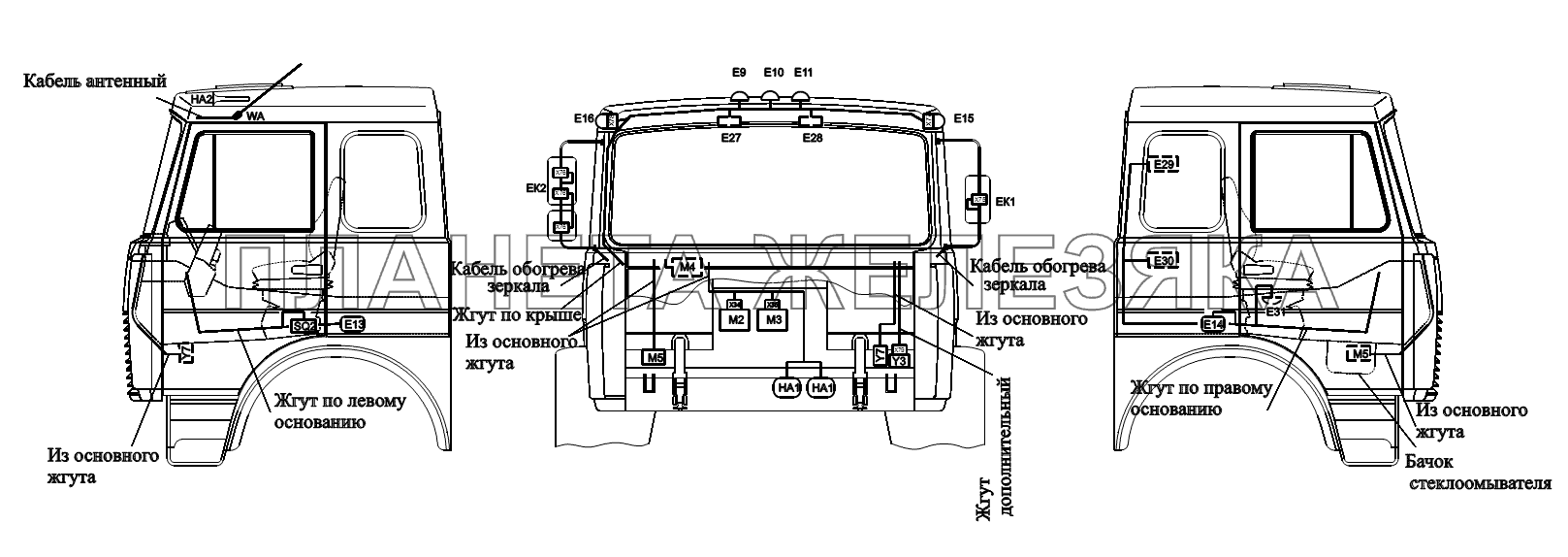 Расположение разъемов и элементов электрооборудования на большой кабине Автомобиля МАЗ-6422, 5432