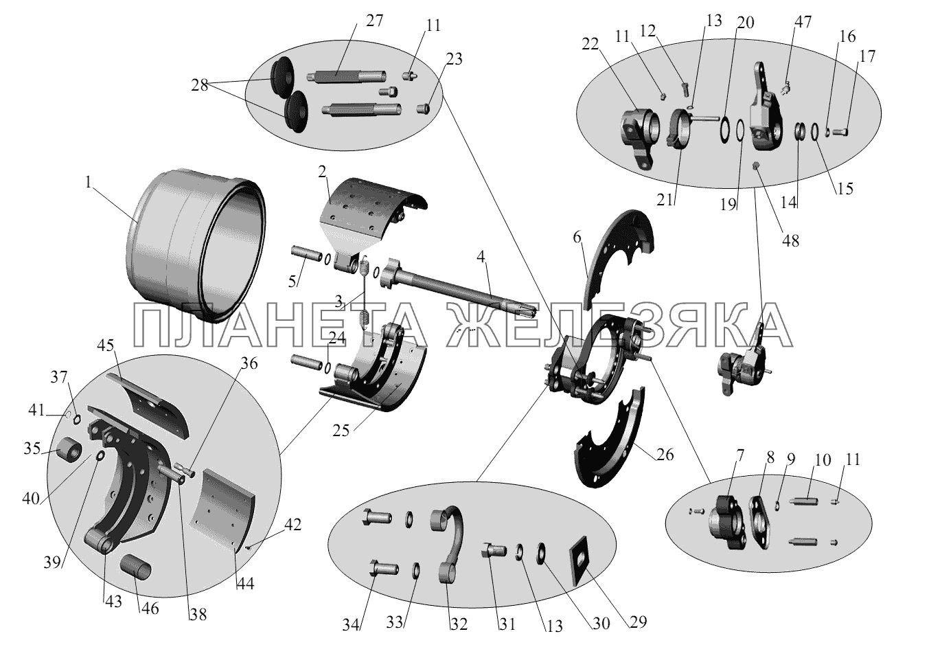 Тормозной механизм колес заднего и среднего мостов (для барабана диаметром 410 мм, с шириной накладок 220 мм) МАЗ-6422, 5432