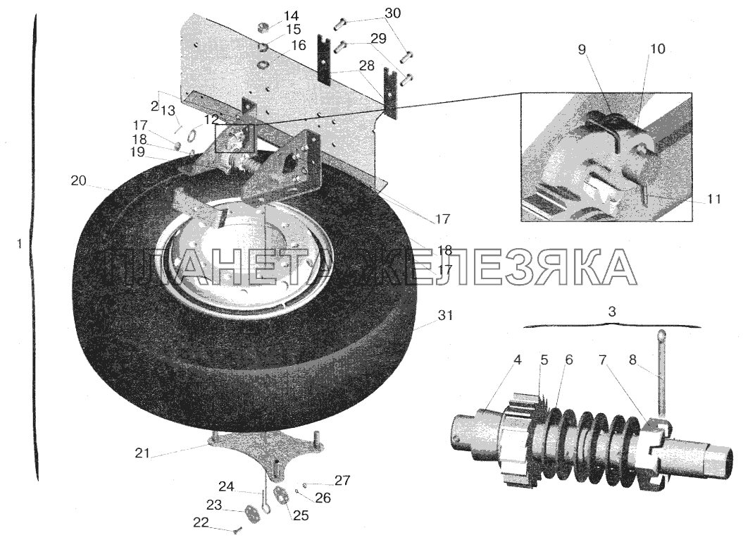 Установка запасного колеса МАЗ-555102 (63035-3100001-10) МАЗ-6422