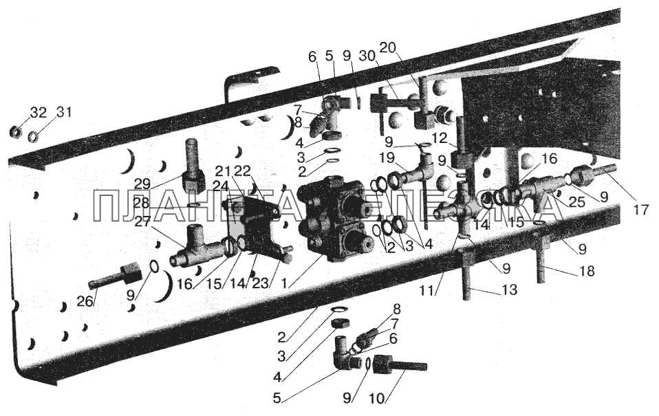 Крепление четырехконтурного клапана (автомобили с пневмоподвеской) МАЗ-543208, 543205 МАЗ-6422
