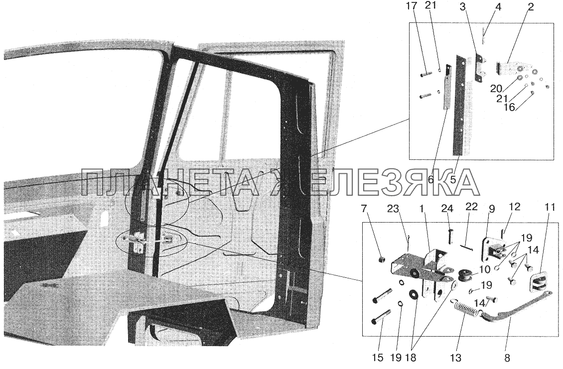 Установка ограничителя и петель двери МАЗ-6422