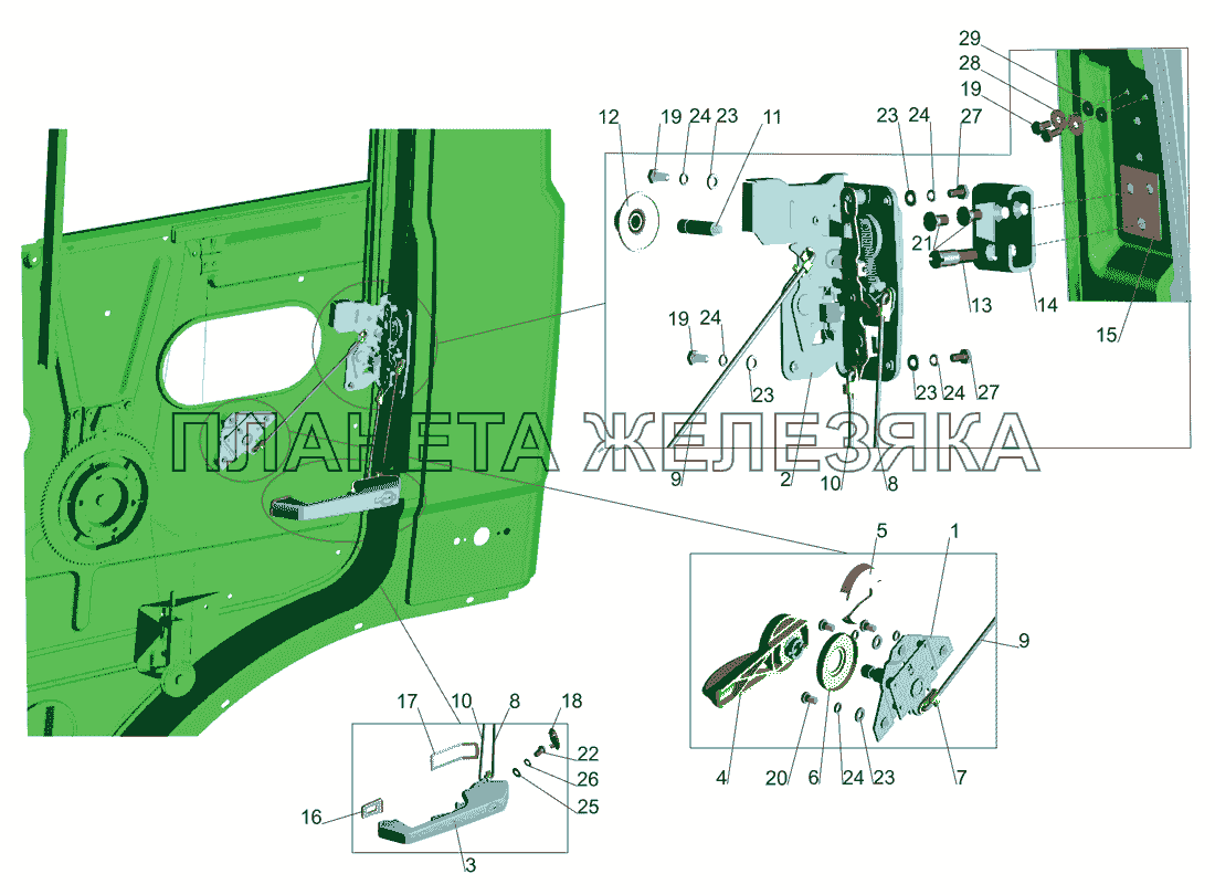 Установка наружной ручки и замка двери МАЗ-642505, 642508