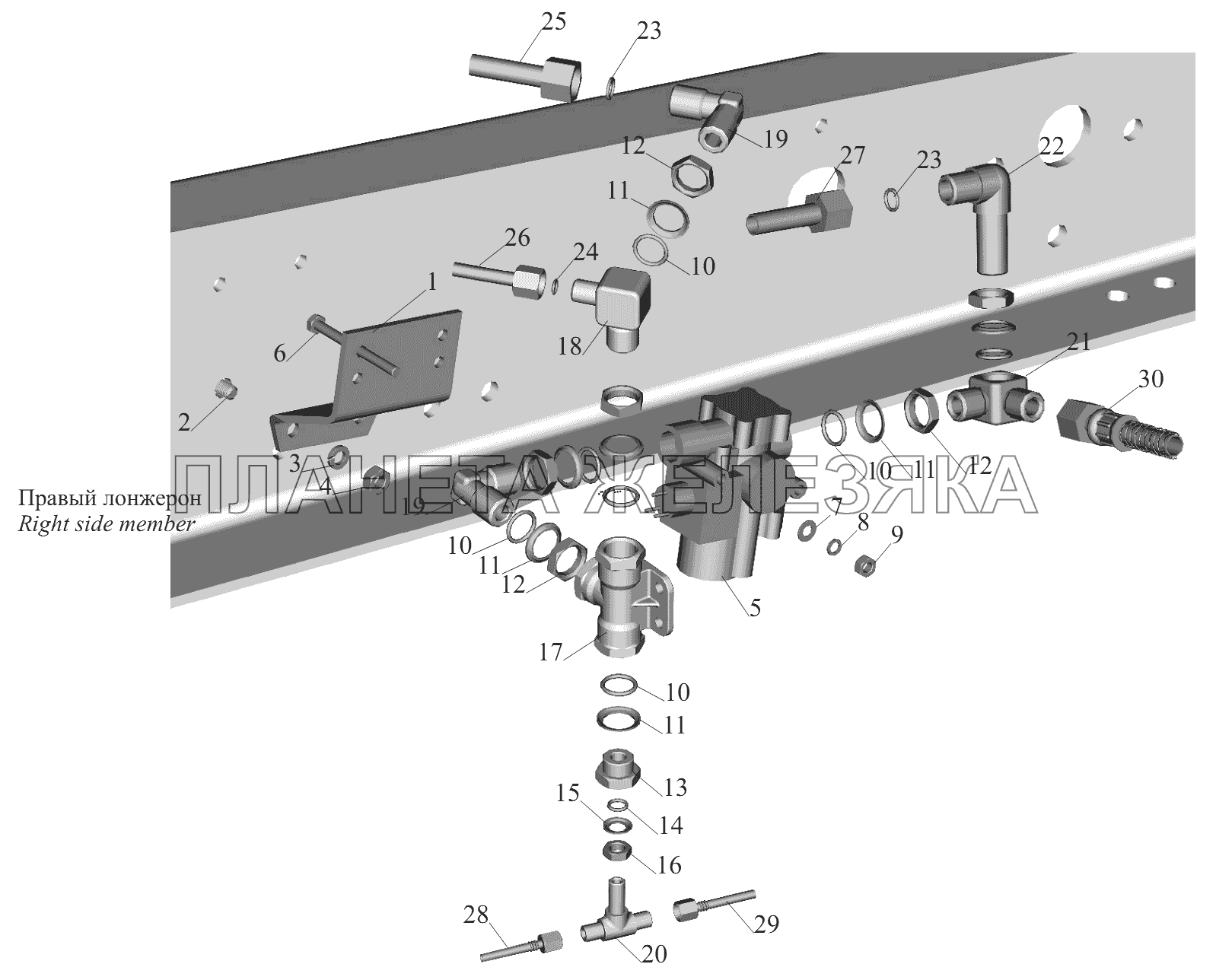 Установка задних модуляторов и присоединительной арматуры (правый лонжерон) МАЗ-6430A8 (5440A8, 5440A5)