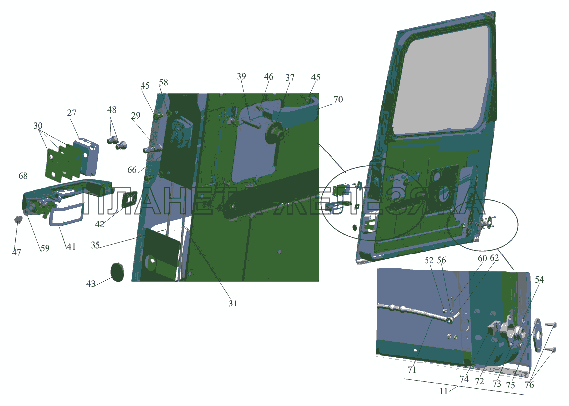 Установка ручек, замка и ограничителя двери 6430-6100010 (правая), 6430-6100011 (левая) МАЗ-650108