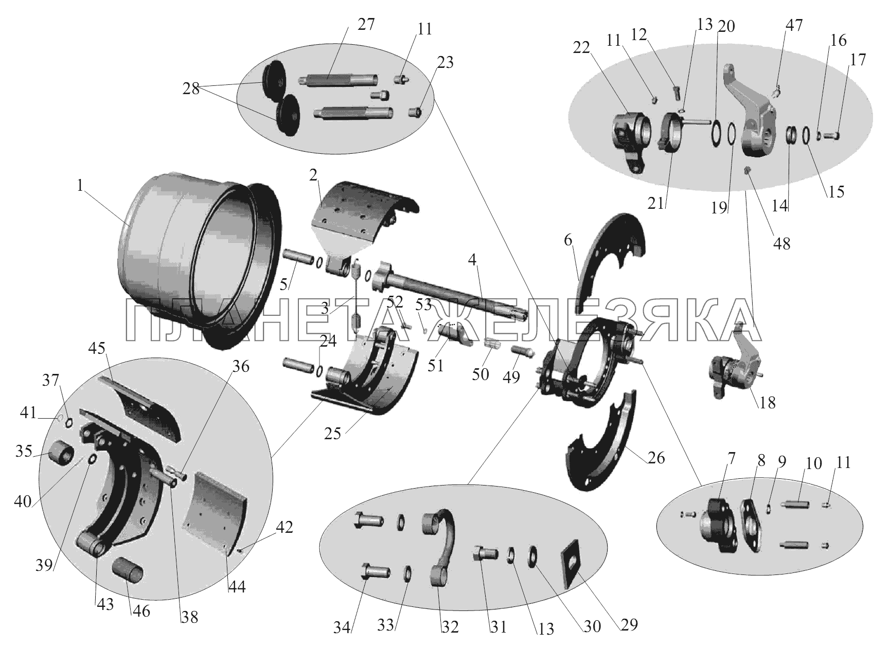 Тормозной механизм задних колес и средних колес (для барабана диаметром 410мм, с шириной накладок 220мм) МАЗ-650119