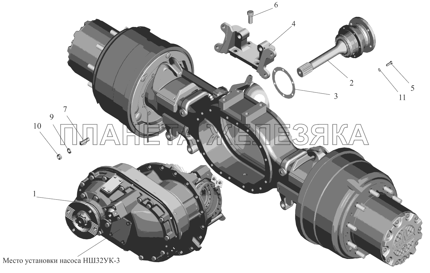 Мост средний. Установка редуктора и вала заднего МАЗ-651669-320 (340)