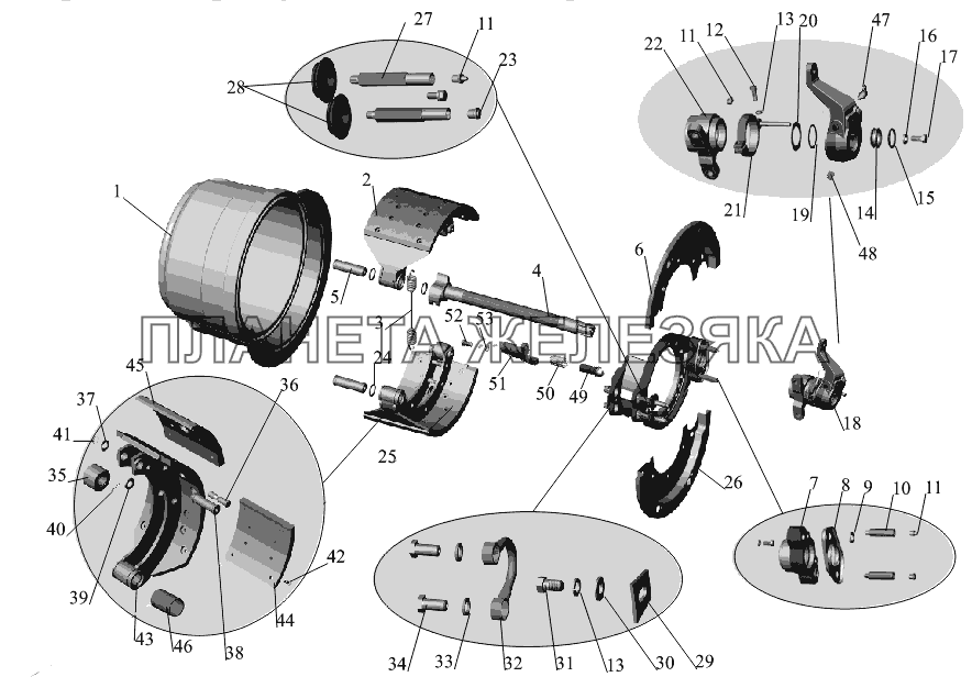 Тормозной механизм задних колес и средних колес (для барабана диаметром 410мм, с шириной накладок 220мм) МАЗ-651669-320 (340)
