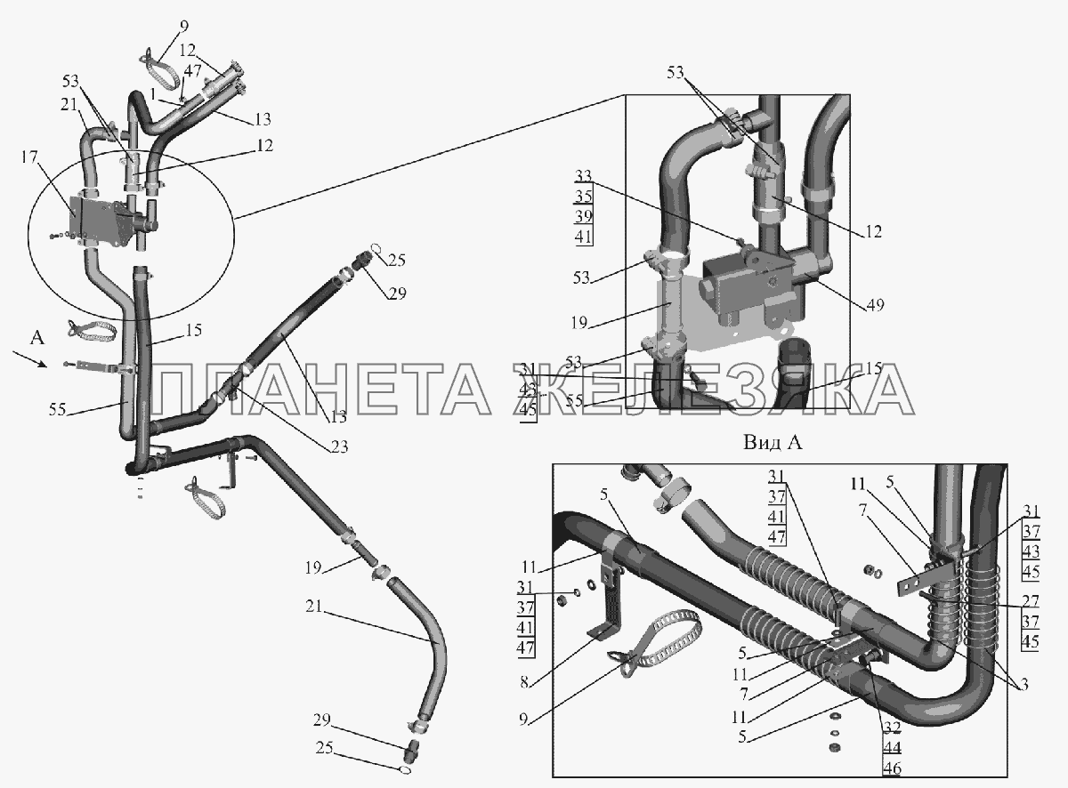 Установка шлангов отопителя 6516V8-8100006-020 МАЗ-6516V8-520 (6516V8-540)