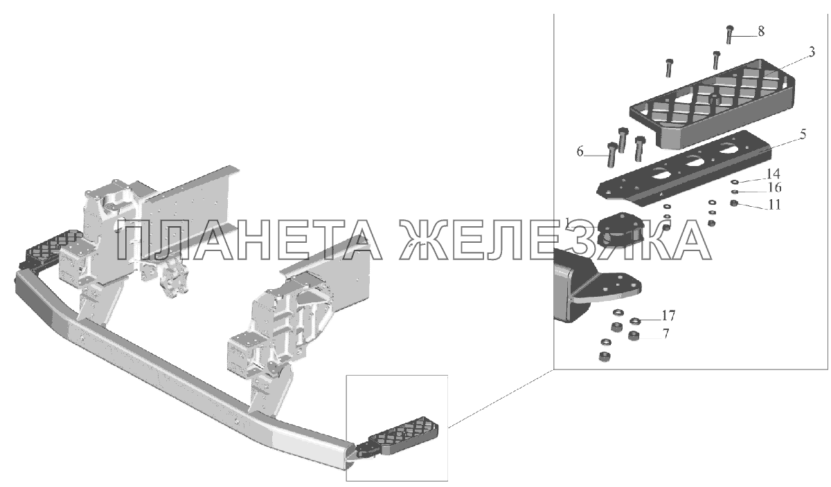 Установка нижней подножки 6516V8-8400016-000 МАЗ-6516V8-520 (6516V8-540)