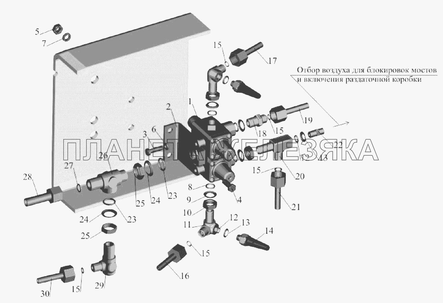 Крепление тормозного крана 64221-3514004-20 и присоединительной арматурой МАЗ-651705