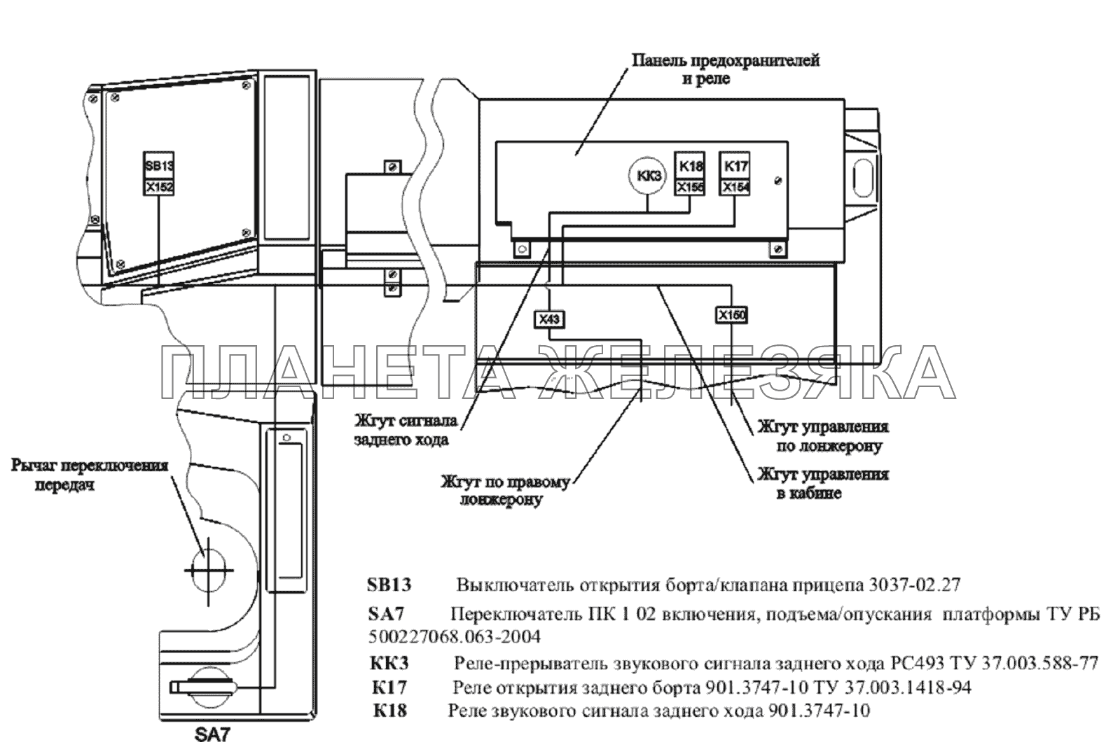 Расположение разъемов и элементов электрооборудования на управления подъемом и опусканием платформы МАЗ-651705