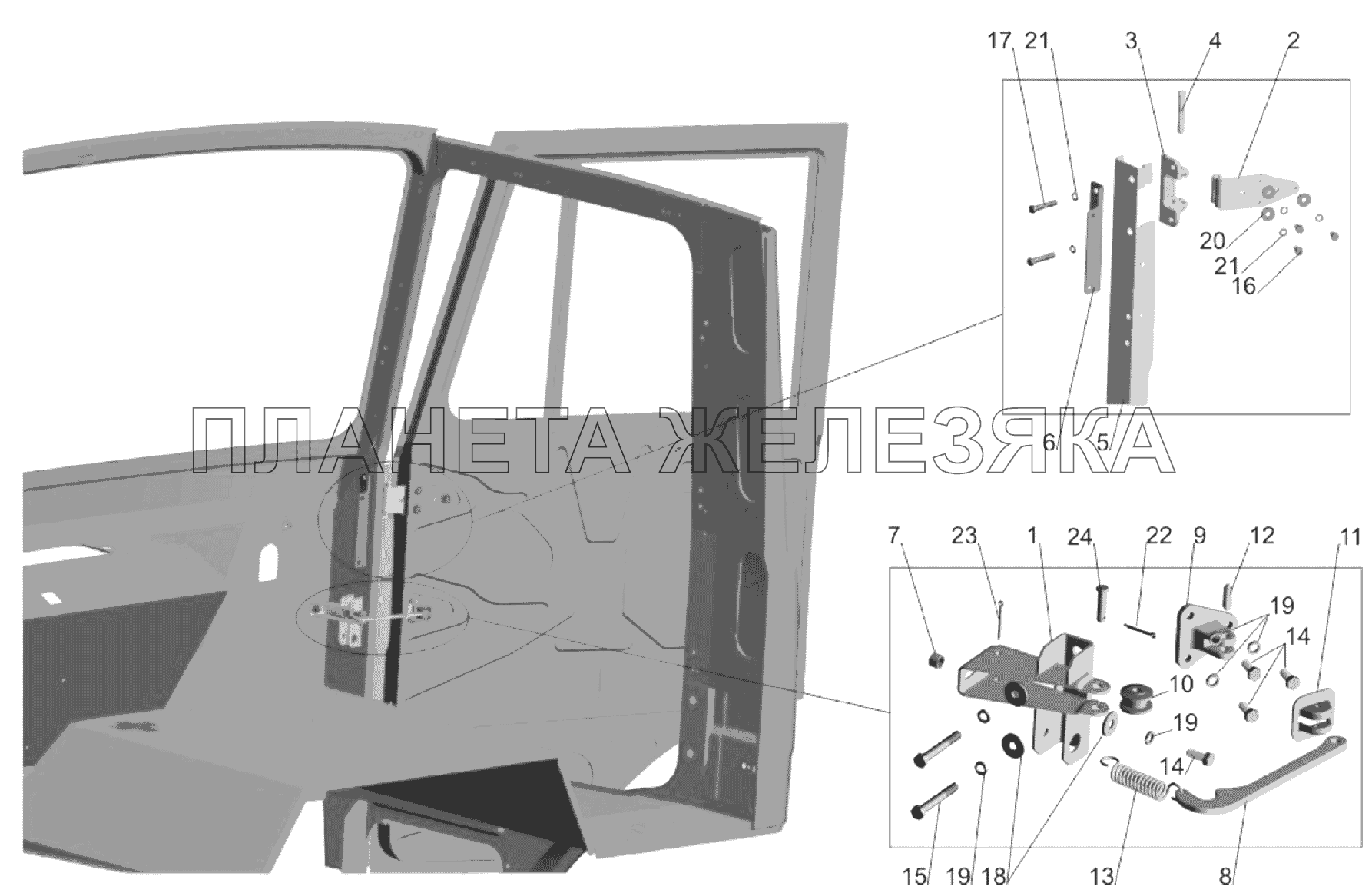 Установка ограничителей 64221-6100006-10 и петель двери МАЗ-651705