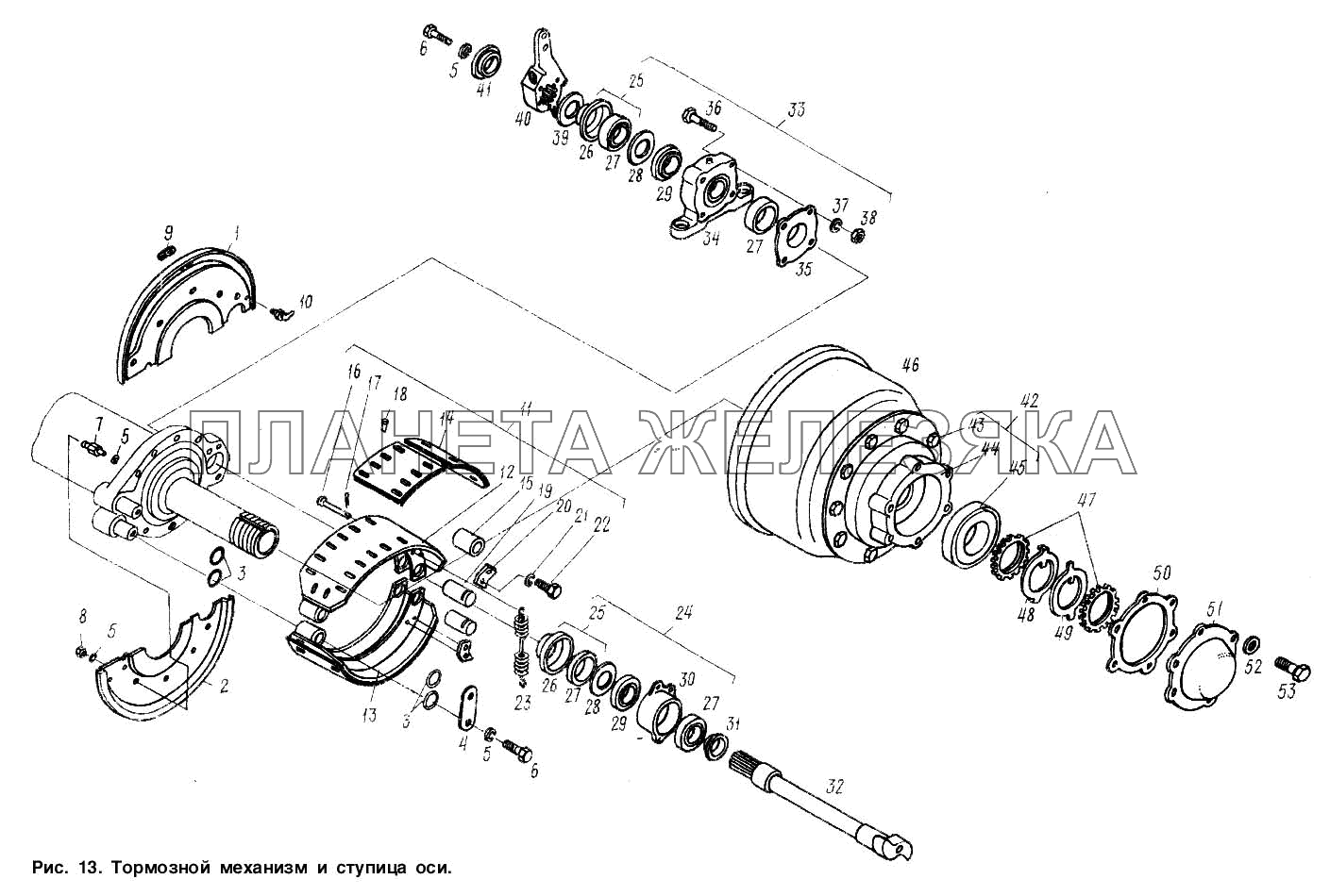 Тормозной механизм и ступица оси МАЗ-9506